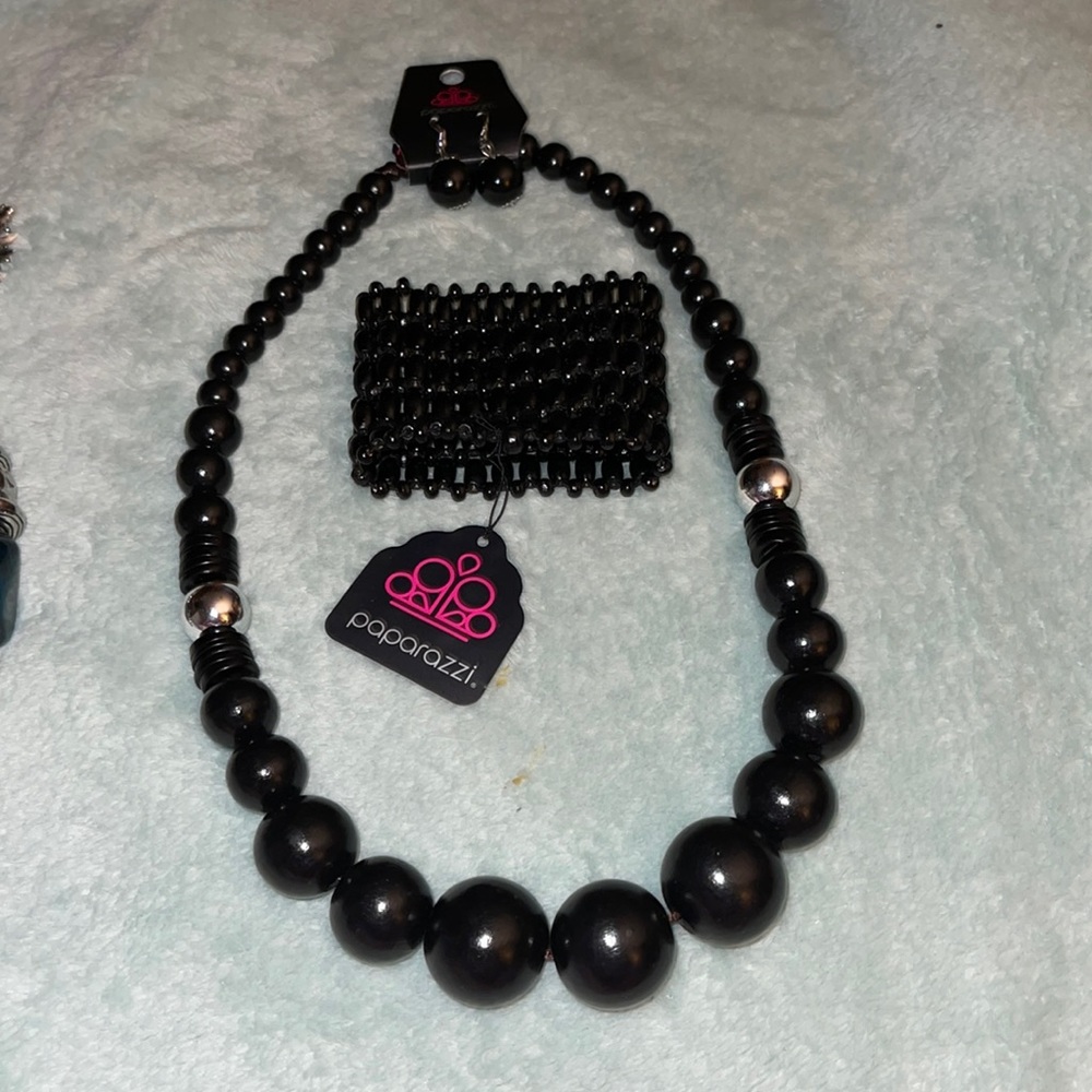 Paparazzi Black large Bead Necklace, Earring Set w/ Flawless Flaunter Bracelet